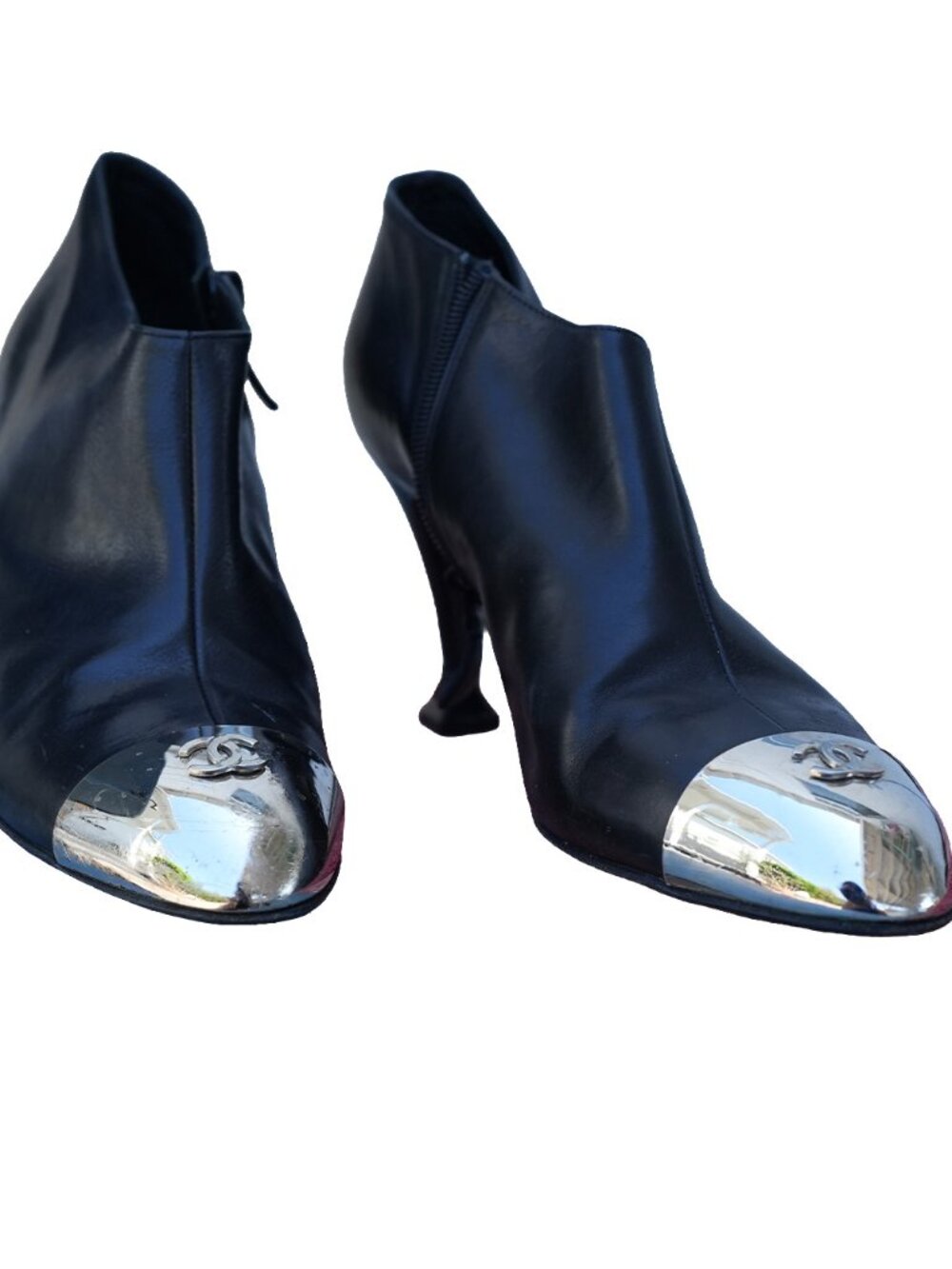 CHANEL Black Leather Bootie 3" Heel | CC Metal Silver Tone Plate at Toe |